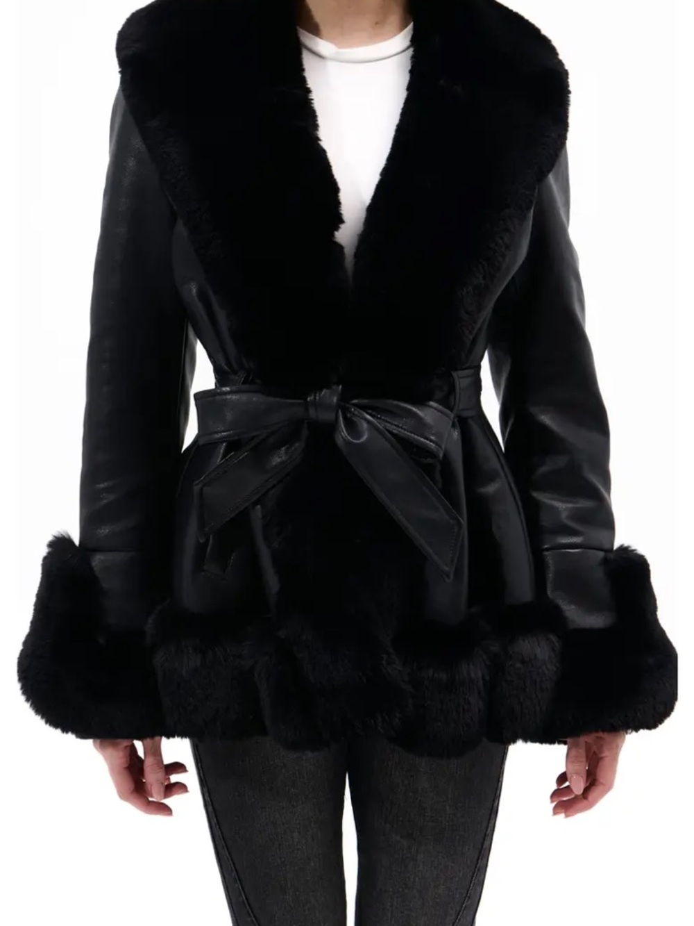 Black Faux-Fur Trim Leather-Effect Belted Jacket - Picture 2 of 4
